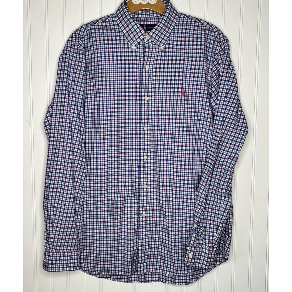 Ralph Lauren Shirt Mens Large Blue Pink White Plaid Button Down Cotton Office